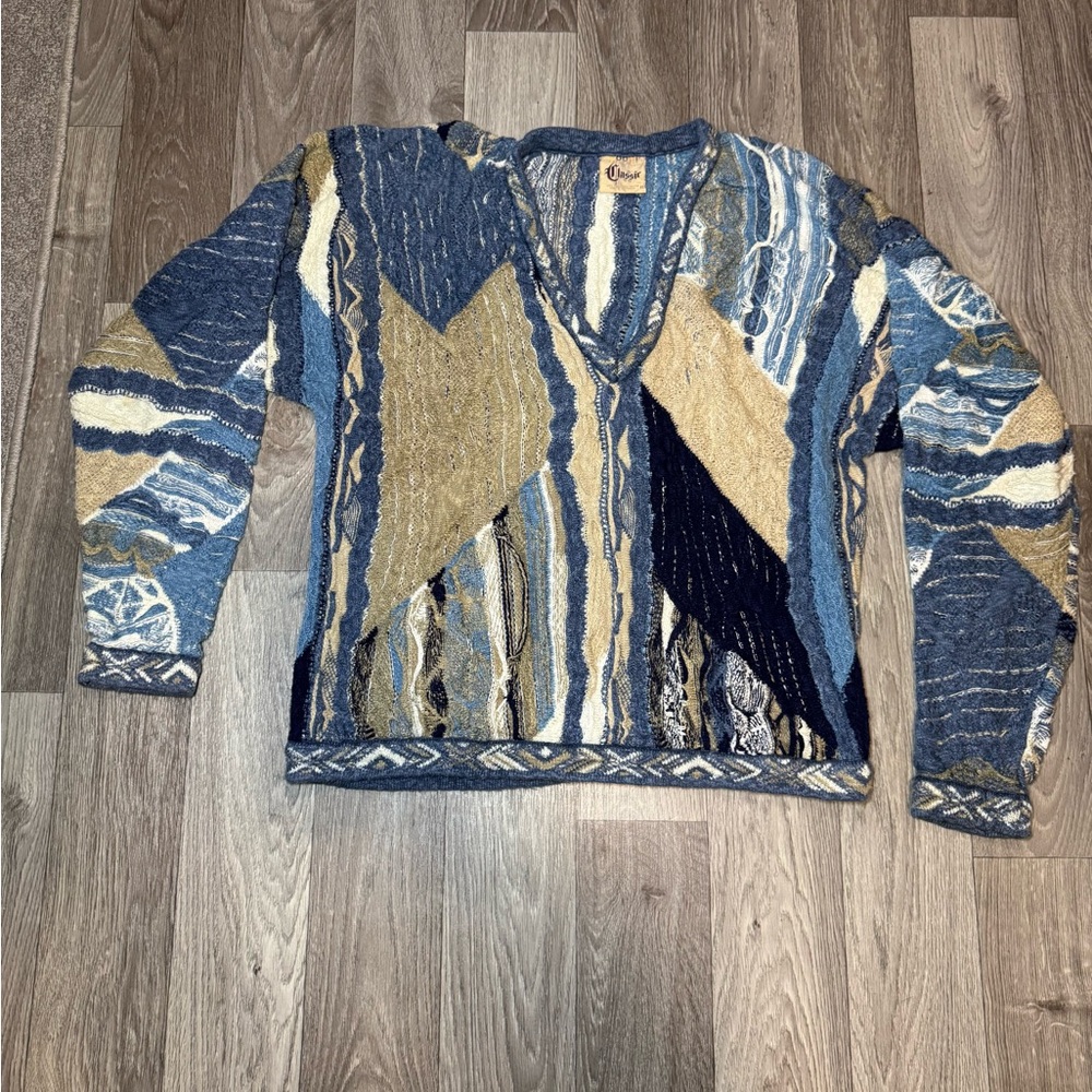 COOGI Classic Sweater Multicolor Intricate 3D Abstract V Neck XLT Linen Cotton
